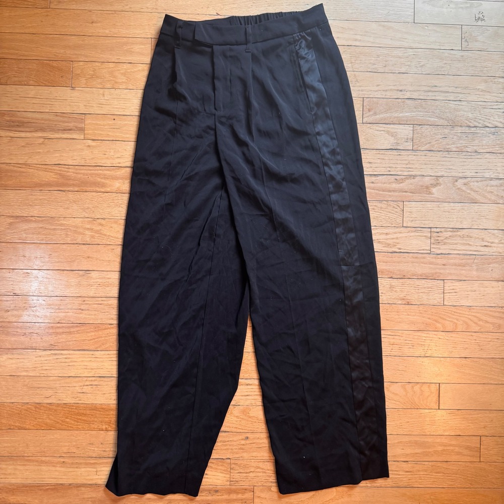 A New Day Womens Black Wide Leg Tuxedo Pants Satin Side Stripe Size 4 NWT